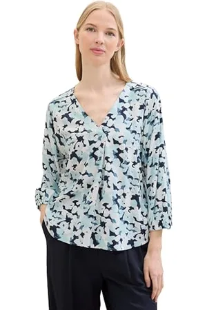 TOM TAILOR Damen Basic Bluse mit V-Ausschnitt , blue small floral design, 42