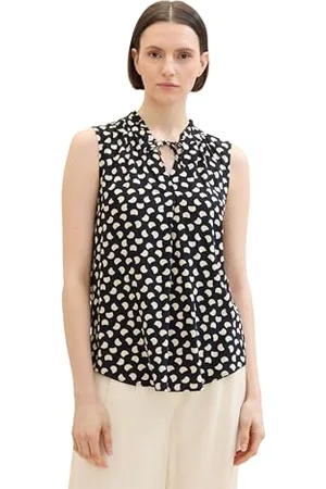 TOM TAILOR Damen Basic Bluse mit Rüschen-Detail am Kragen, navy halfmoon dot design, 36