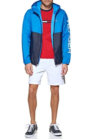 Tommy Hilfiger Leichte Herren-Regenjacke mit Kapuze, wasserabweisend, Farbblock, L
