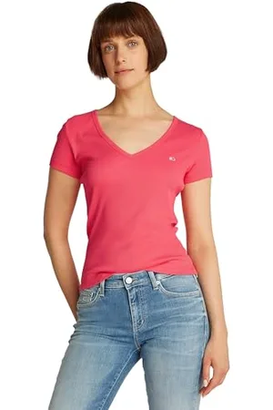Tommy Hilfiger Damen T-Shirt Kurzarm Slim Essential Rib V-Ausschnitt, Rot (Amour), XL