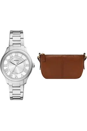 Fossil Damen Gilmore Silberfarbene Edelstahl Uhr und Jolie Tasche Braun, Set
