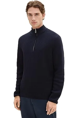 TOM TAILOR Herren 1038243 Mouliné Strick-Pullover mit Troyer-Kragen, 13160-Knitted Navy Melange, M