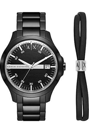 Armani Exchange Uhr für Herren , DreizeigerDatumswerk, 46mm Schwarzes Edelstahlgehäuse mit Edelstahlarmband, AX7134SET