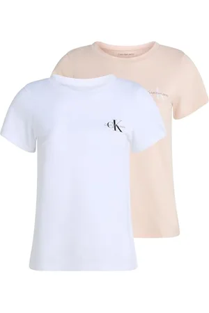 Calvin Klein Damen 2er Pack T-Shirts Kurzarm Monologo Tee Slim Fit, Mehrfarbig (Silver Peony / Brilliant White), L