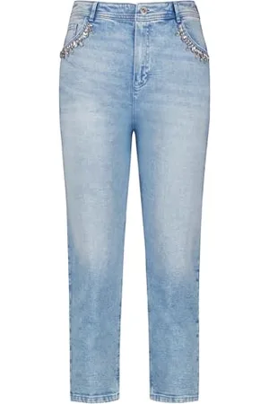 Taifun Damen 7/8 Jeans mit Strasssteinen Mom Fit unifarben, Washed-Out-Effekt 7/8 Länge 38