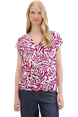 TOM TAILOR Damen Basic Kurzarm-Bluse mit Allover Print, pink cut palmtree design, 32