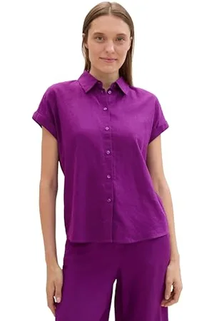 TOM TAILOR Damen Basic Kurzarm-Bluse mit Leinen, dark orchid, 32