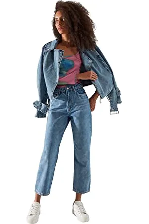 Trendyol Damen Blauwe hoge taille papa Jeans, , 36 EU