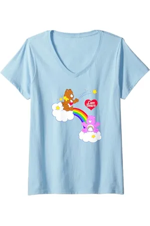 Care Bears Damen Tenderheart Bear & Cheer Bear Rainbow Cloudy Duo T-Shirt mit V-Ausschnitt