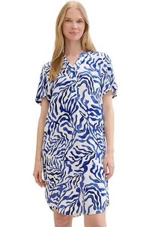 TOM TAILOR Damen Basic Kurzarm-Kleid mit Allover Print, white cut palmtree, 40