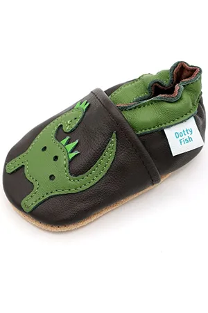 Dotty Fish Krabbelschuhe aus Leder – rutschfeste, weiche Sohle, Barfußgefühl, Lauflernschuhe & Babyschuhe für Jungen und Mädchen. Braune und grüne Dinosaurier. 0-6 Monate (17 EU)