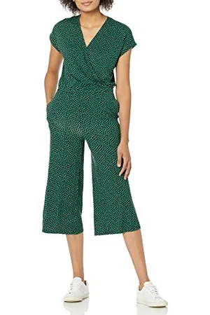 Amazon Damen Kurzärmeliger Surplice-Jumpsuit, Verkürzt, mit Weitem Bein, , XS