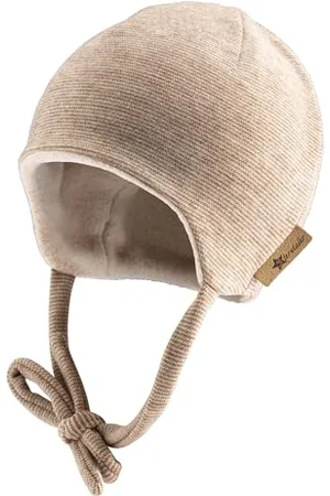 Sterntaler Beanie Mütze in Melange Optik mit dezentem Streifen - Neugeborenenmütze mit angeschnittenen Ohrenklappen und Bindeband - Unisex Babymütze, gefüttert mit Baummwollfleece- rost, 45