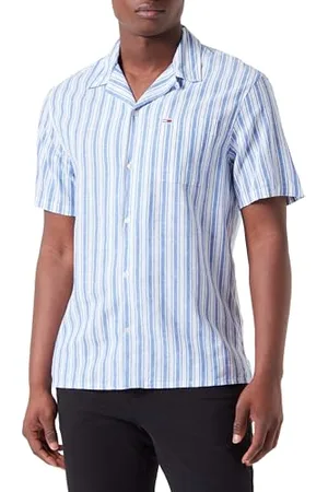 Tommy Hilfiger Herren Hemd Linen Shirt Kurzarm, Mehrfarbig (Persian Blue Stripe), XS