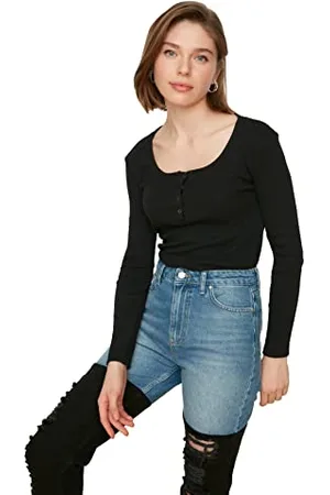 Trendyol Damen Vizon-Nieten mit gestrickter Bluse Blouse, Black, S