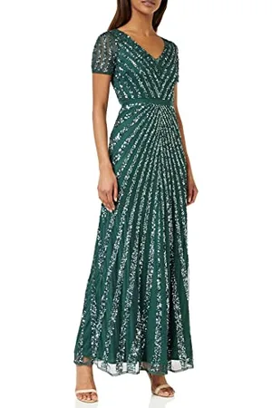 Maya Deluxe Maxi Damen Kleid, verziert, Pailletten kurzärmlig, V-Ausschnitt, Empire-Taille, A-Schnitt, glänzend, Abschlussball, Hochzeit Smaragdgrün Größe 40