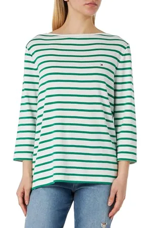 Tommy Hilfiger Damen Langarmshirt aus Baumwolle, Mehrfarbig (Breton Ecru/Olympic Green), 48