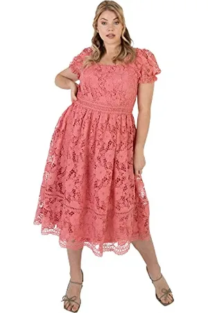 Lovedrobe Damen Ladies Lace Midi Sun Dress for Plus Size Women Curve Short Puffed Sleeve Square Neckline High Waist for Summer Wedding Kleid,