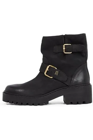 Tommy Hilfiger Damen Mid Boot Stiefel Biker Double Buckle aus Leder, (Black), 36