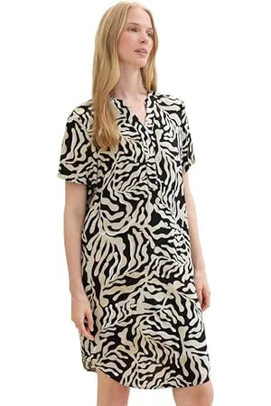TOM TAILOR Damen Basic Kurzarm-Kleid mit Allover Print, black cut palmtree design, 40