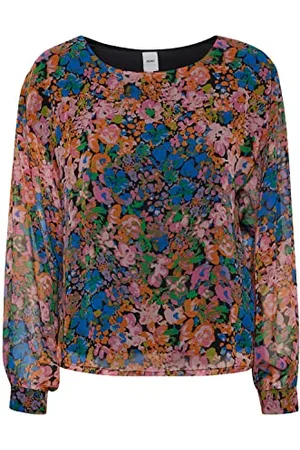 Ichi IHCHIFFY LS2 Damen Lange Bluse Langarm Rundhalsbluse aus Chiffon mit verschiedenen Prints recyceltes Polyester weitere Ärmel, Größe:40, Farbe: