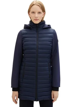 TOM TAILOR Damen Hybrid Lightwight Steppmantel mit abnehmbarer Kapuze, , L