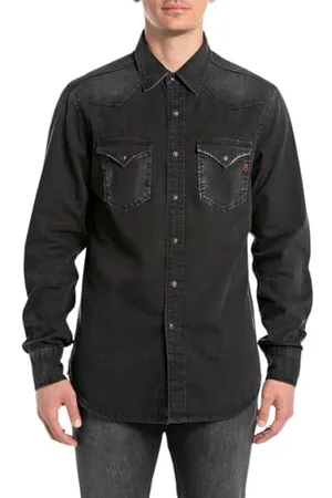 Replay Herren Jeanshemd Langarm mit Brusttaschen, Schwarz (Black Delavè 099), M