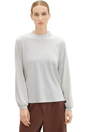 TOM TAILOR Damen Sweatshirt mit Rüschen-Detail, whisper white melange, XXS