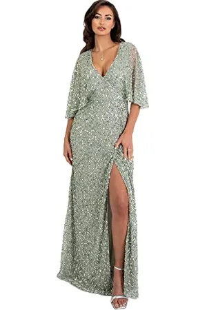 Maya Deluxe Damen Womens Maxi Ladies Sequin Embellished Wrap A-Line Dress for Wedding Guest Bridesmaid Evening Prom Ball Occasion Kleid, , 42