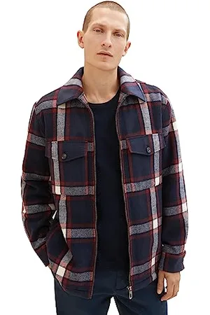 TOM TAILOR Herren 1037405 Flanell Karo-Jacke mit Teddyfell im Innenfutter, 32571-navy red White Check, S