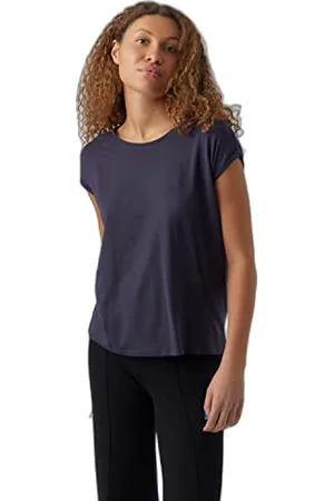 VERO MODA Damen Einfarbiges Stretch T-Shirt Basic Rundhals Top Oberteil Tief Angesetzte Schultern VMAVA, Farben:Blau-2, Größe:XS