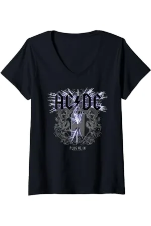 AC/DC Damen Plug Me In Lightning Filigran T-Shirt mit V-Ausschnitt