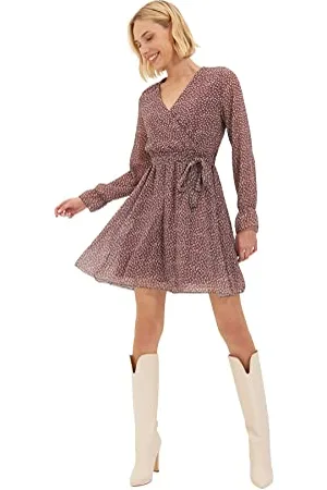 Trendyol Damen Braunes Gürteltes Gemustertes Kleid Casual Dress Casual, , 34