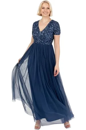 Maya Deluxe Damen-Maxikleid mit V-Ausschnitt, verziert, V-Ausschnitt, Kurze Ärmel, Empire-Taille, Abschlussball, Abschlussfeier, Brautjungfer, Hochzeitsgast, , Größe 6, , 32