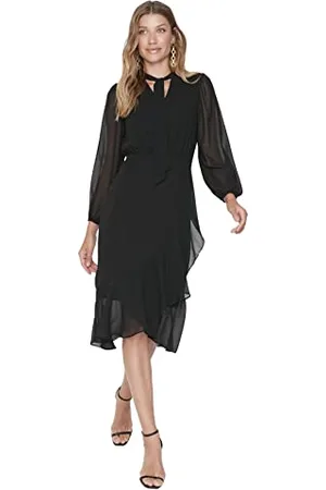 Trendyol Damen Regular Wickelschnitt Stehkragen im Choker-Stil Webstoff Kleid, , 34