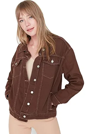 Trendyol Damen Damen Regular Basic Plain Denim Jacke Coat, Braun, L EU