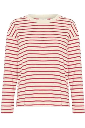 Kaffe Langarm-Shirt KAwinny Damen T-Shirt Langarm Streifen Rundhalsausschnitt Casual Basic Antique White/Virtual Pink S