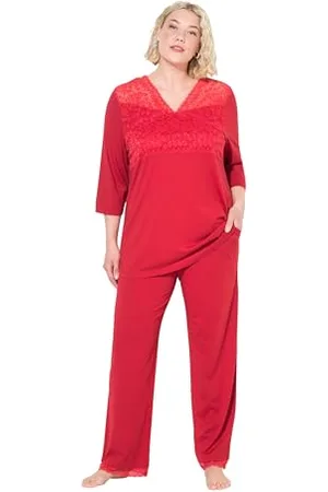 Ulla Popken Damen große Größen Übergrößen Plus Size Pyjama, Spitzeneinsatz, V-Ausschnitt, 3/4-Arm