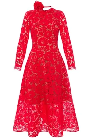 Swing Rotes Midikleid aus Spitze Elena mit Langen Ärmeln Ausgestelltem Schnitt Rosenverzierung 38(M) | Ideal für Dinnerpartys Firmenweihnachtsabende Weihnachten Kommunionen Taufen