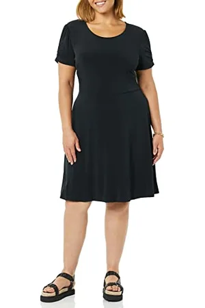 Amazon Damen Gerafftes A-Linien-Kleid mit kurzen Ärmeln und Rundhalsausschnitt (in Übergröße erhältlich), , XS