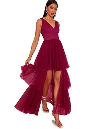 Chi Chi London Damen V-Ausschnitt und gestuftem Tüll in Berry Kleid, , 40 (UK 14)