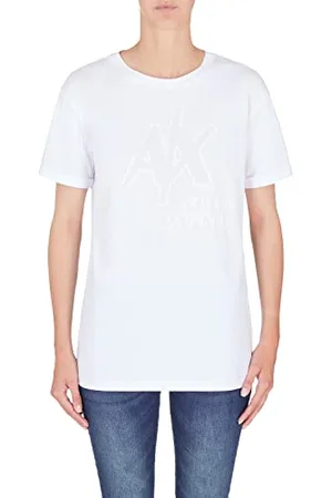Armani Exchange Damen Nachhaltig, aufgerollte Passform, mit Strass besetztes Logo auf der Vorderseite. T-Shirt, White, M