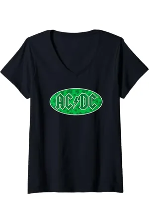 AC/DC Damen Kleeblatt Oval Grün Classic Logo T-Shirt mit V-Ausschnitt