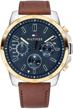 Tommy Hilfiger Analoge Multifunktionale Quarz-Uhr für Herren 48 mm - Halbglänzendes Blaues Zifferblatt, Hellbraunes Lederarmband, 3 Unterzifferblätter, Wasserdicht bis 5ATM - 1791561