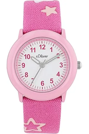 QS by s.Oliver Armbanduhr Mädchen Kinder Quarzuhr Analog, mit Textil Armband, Pink, 3 bar Wasserdicht, Kommt in Uhren Geschenk Box, 2036751