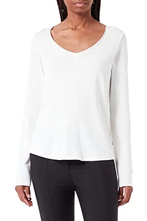 Marc O’ Polo Marc OߴPolo Denim Damen Langarmshirt aus Bio-Baumwolle mit V-Ausschnitt, Weiß (Scandinavian White), XXS