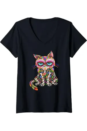 Grumpy Cat Damen - Tag der Toten - Día de Los Muertos T-Shirt mit V-Ausschnitt