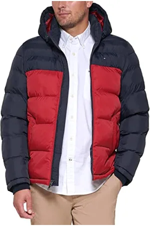 Tommy Hilfiger Herren Hooded Puffer Jacket Daunenalternativer Mantel, Mitternacht/Rot Farbblock, S