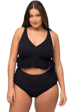 Ulla Popken Damen, Struktur, Rüsche, Softcus, Träger Verstellbar Bikini-Set, , 54