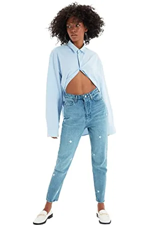 Trendyol Damen Blue Star Stickerei Bestickte Hohe Taille Momerjeans Jeans, , 38 EU